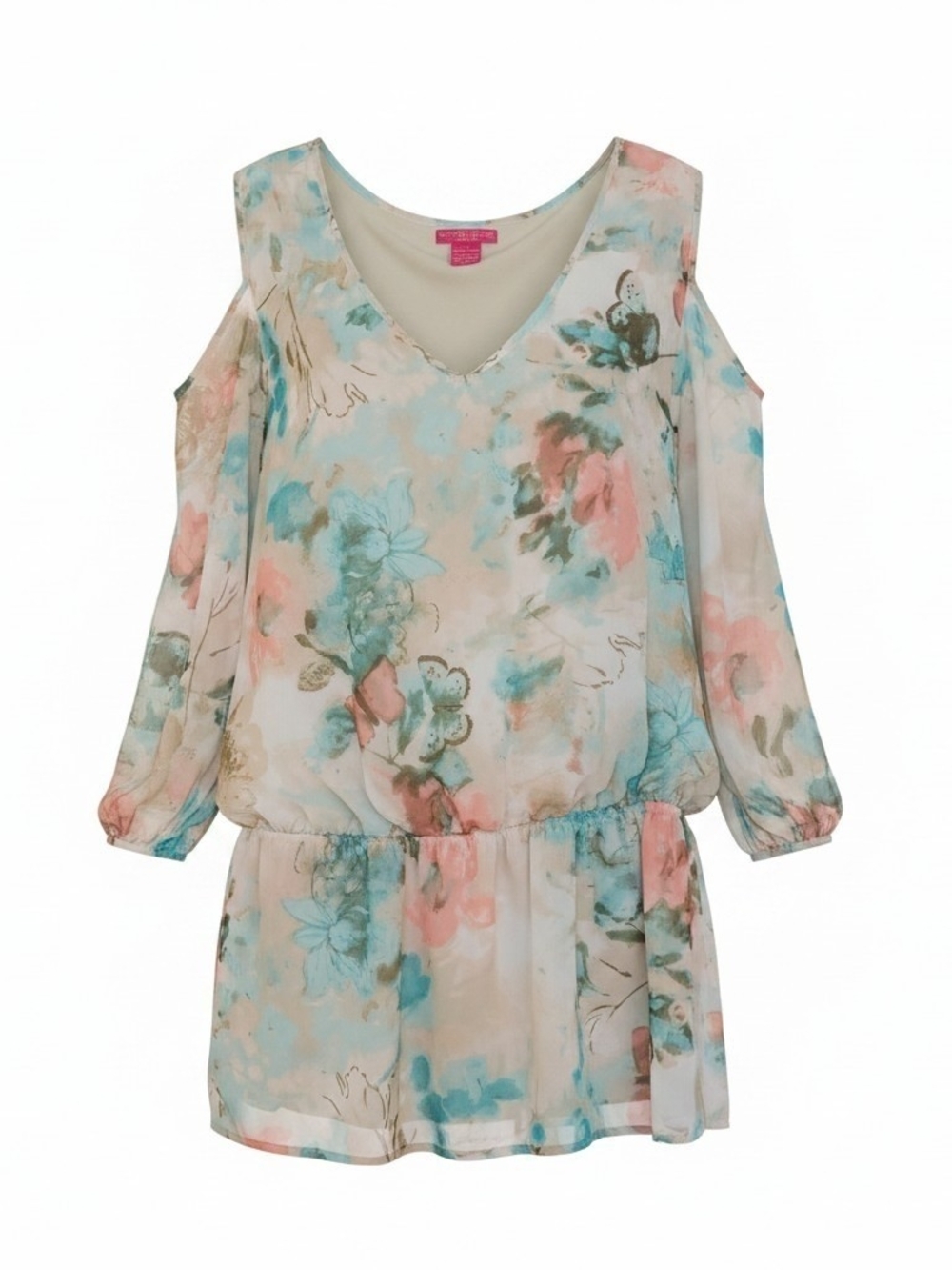Sunny Leigh Pastel Floral Cold-Shoulder Blouse in Pink & Blue